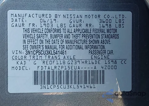 2019 Nissan Kicks S from USA, damaged, VIN 3N1CP5CU3KL541461